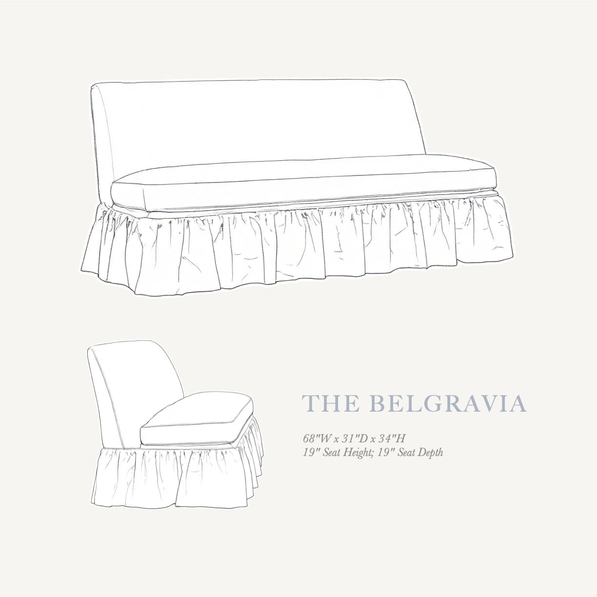 The Belgravia – 68" Ruffle Skirted Armless Sofa