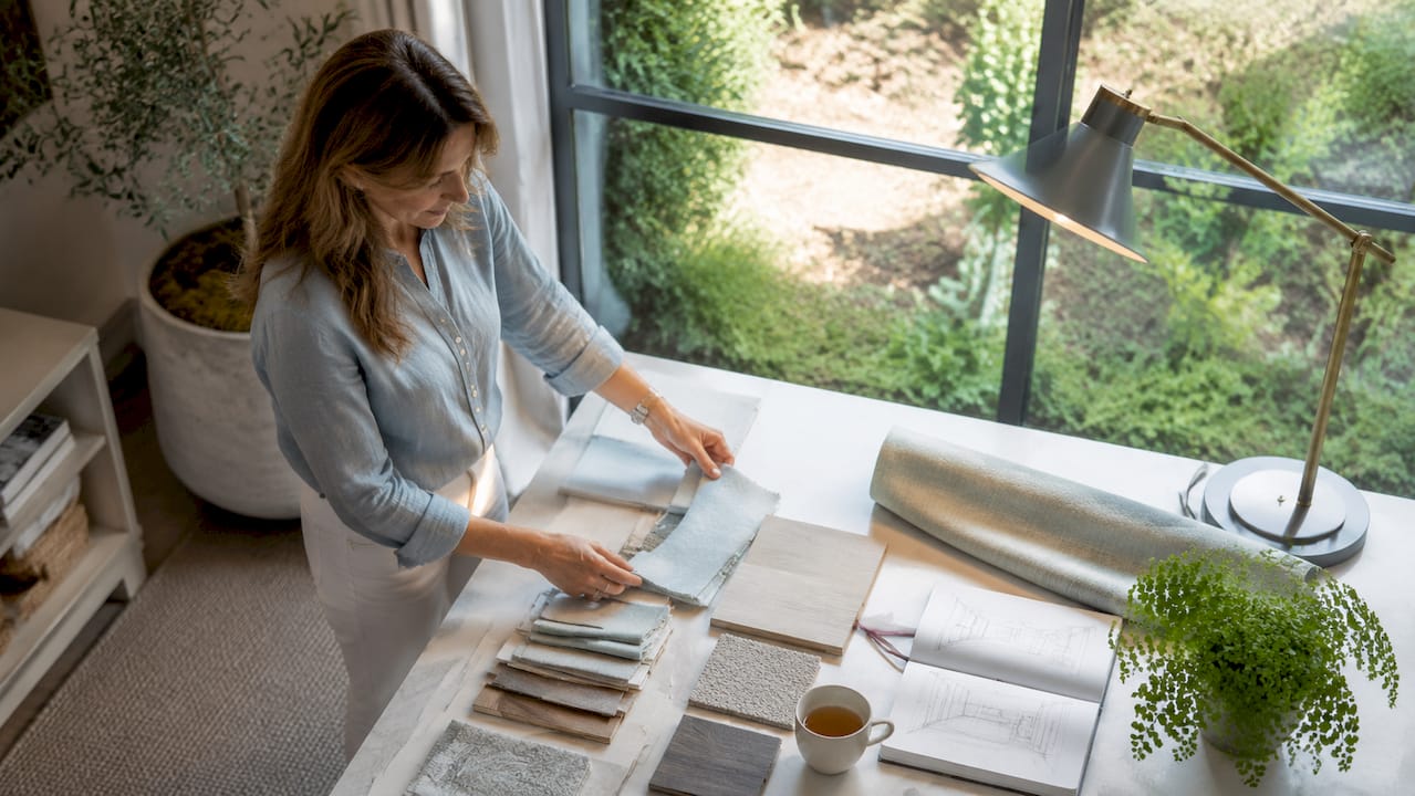 Designer reviewing made-to-order furniture sketches