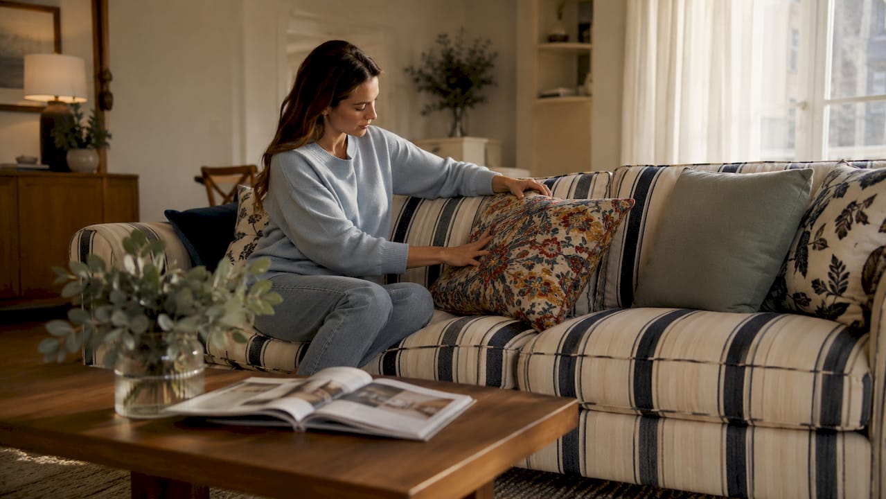 Woman arranging pillows on striped sofa in living room