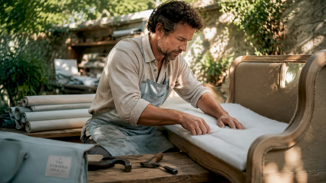 Upholsterer layering sofa padding at workbench