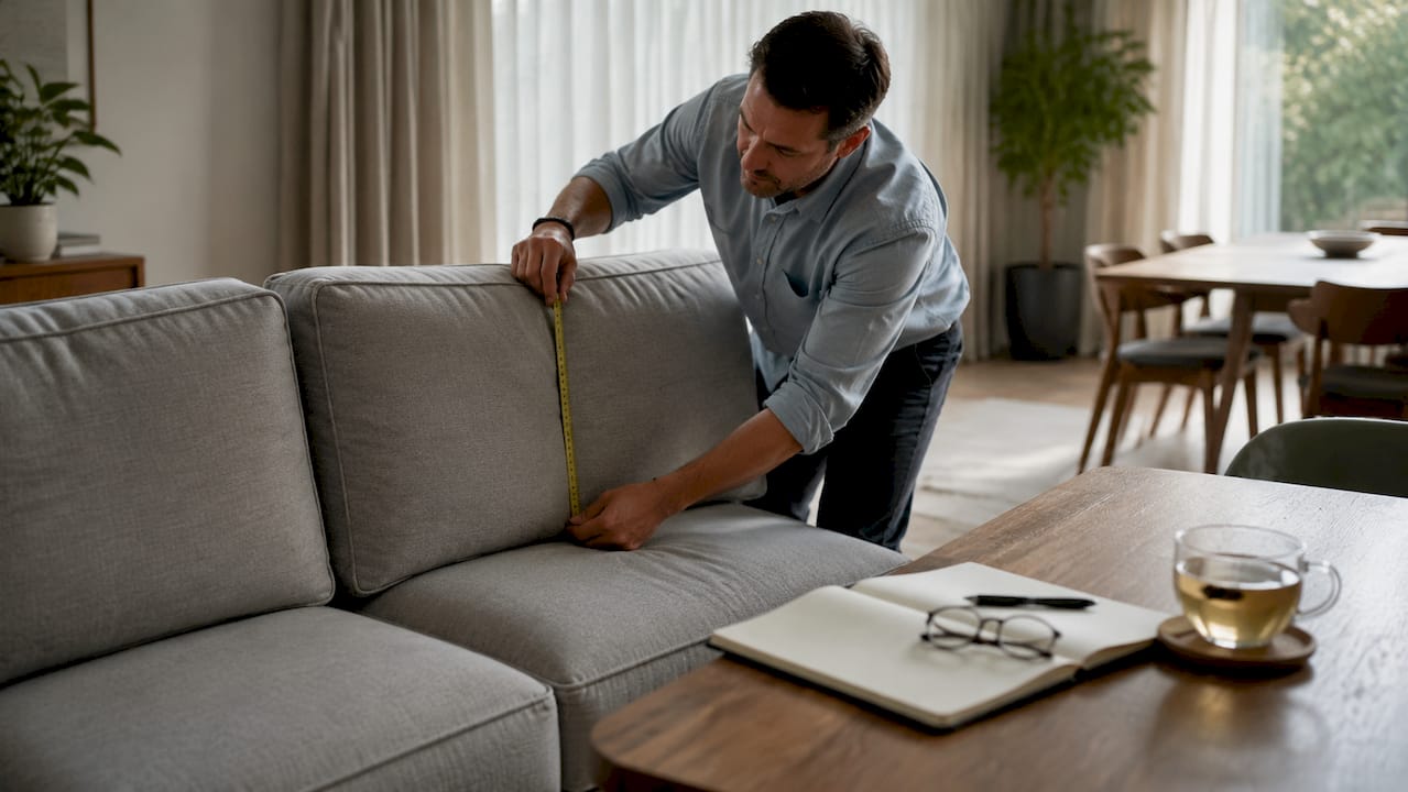 Man measuring sofa back height with tape measure