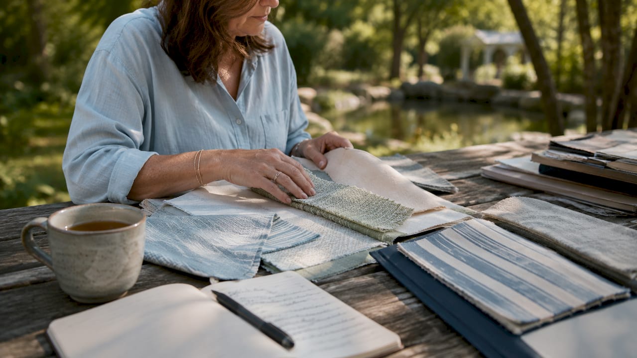 Homeowner comparing upholstery fabric samples at table