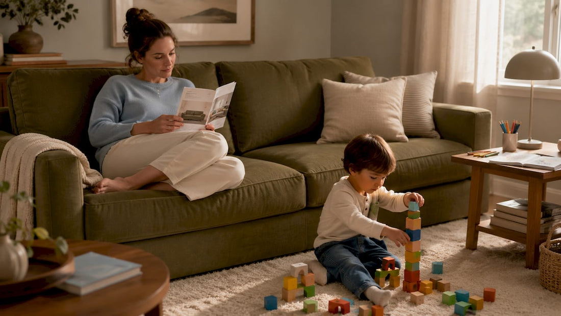 Family in living room with stain-resistant sofa