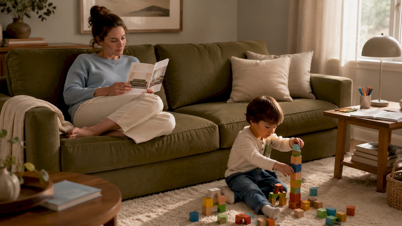 Family in living room with stain-resistant sofa