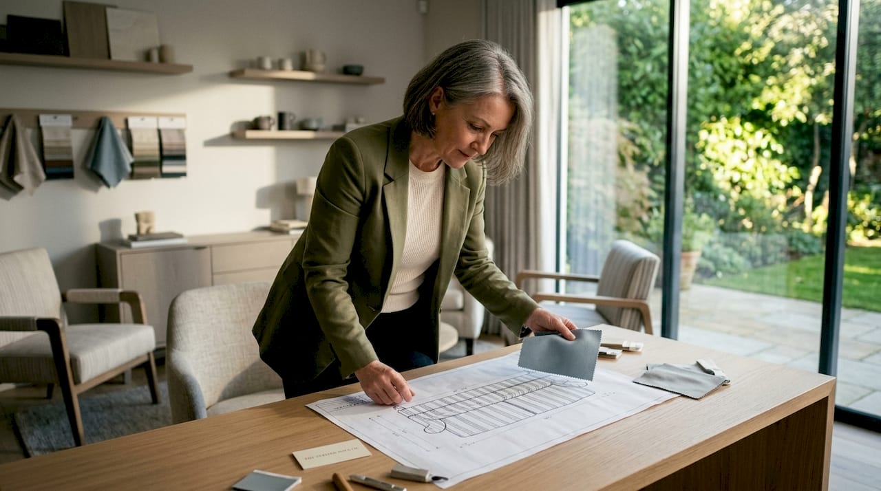 Woman reviewing custom sofa design blueprint