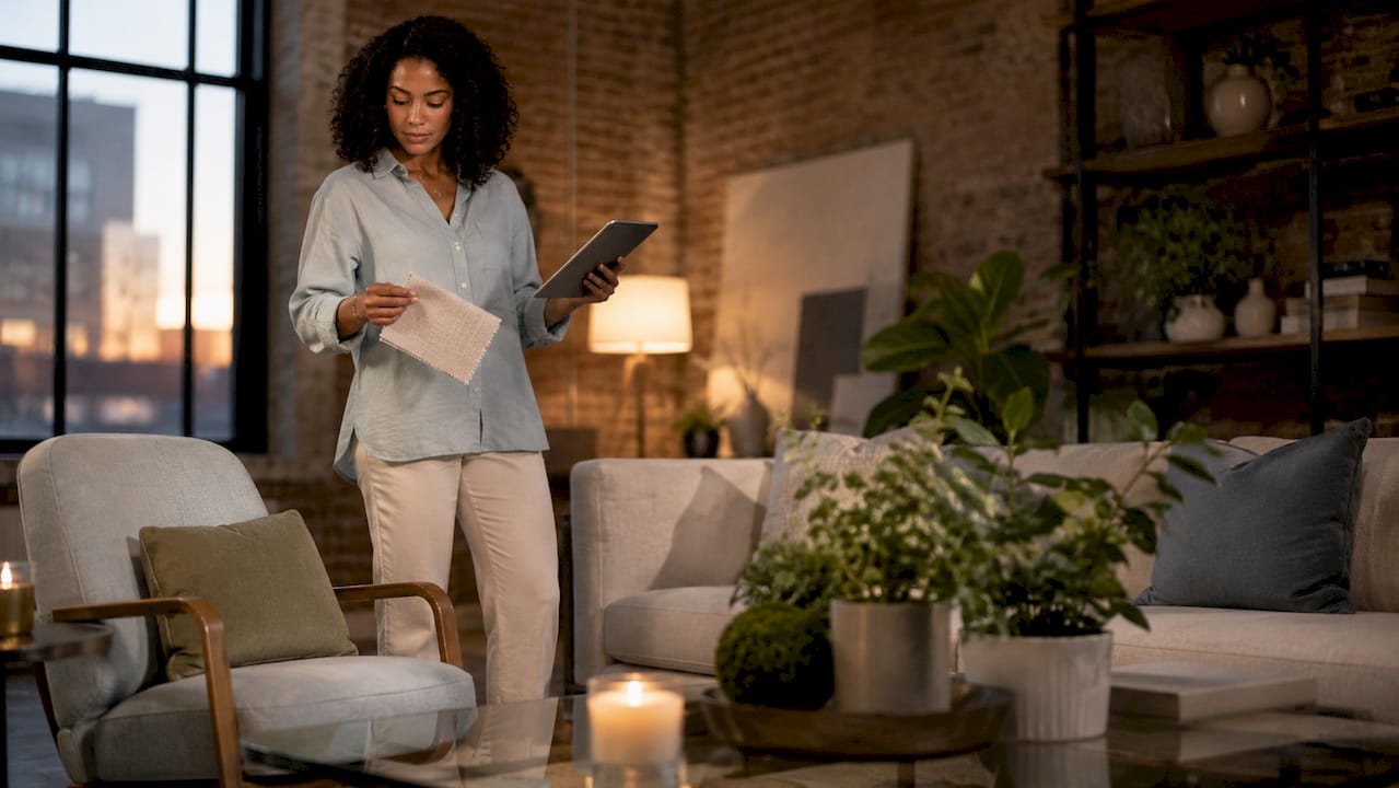 Woman reviewing sofa alternatives in sunlit living room