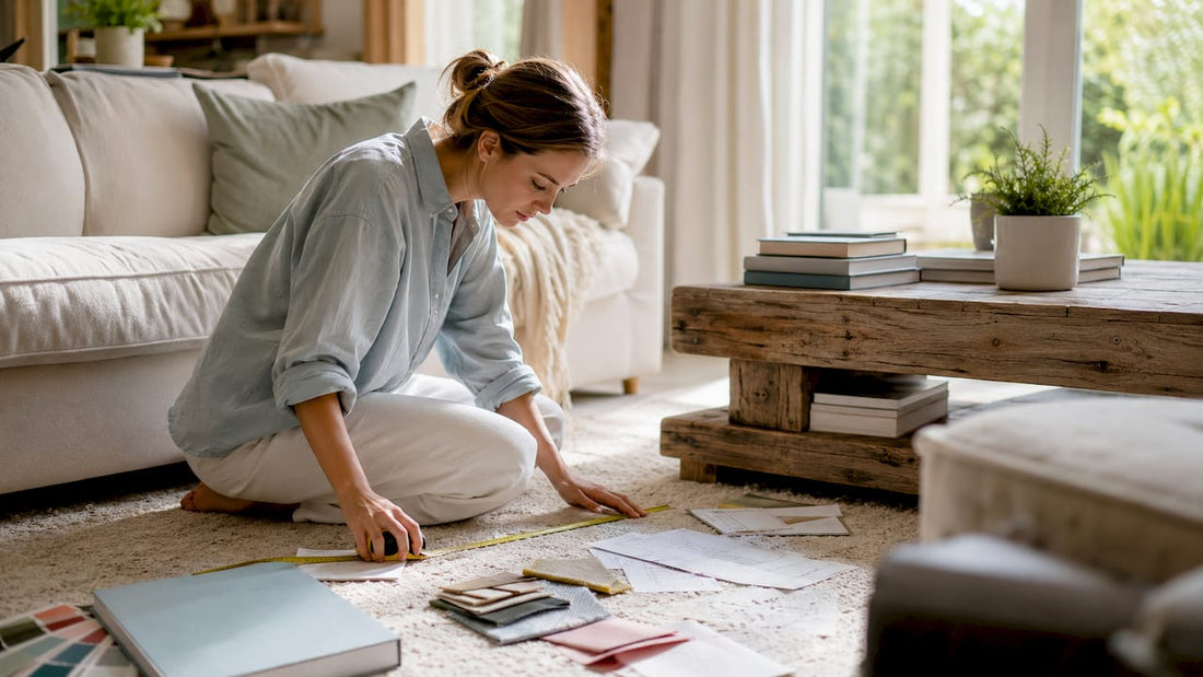 Woman measuring living room for sofa layout