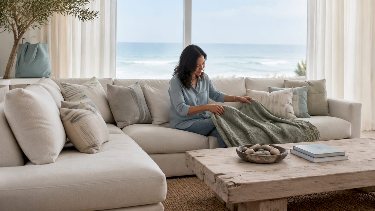 Luxury coastal sofa with woman seated inside bright living room