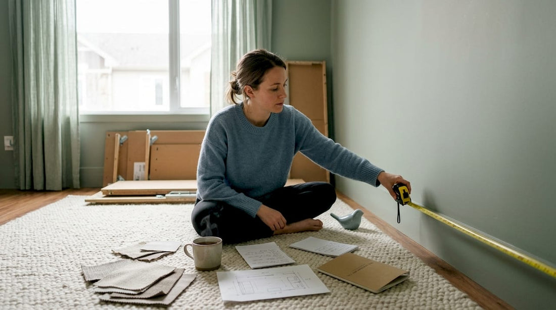 Woman measuring living room wall for sofa