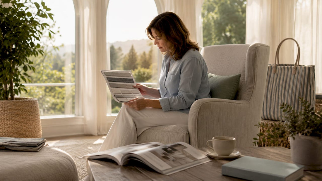 Woman choosing sofa fabric in warm living room