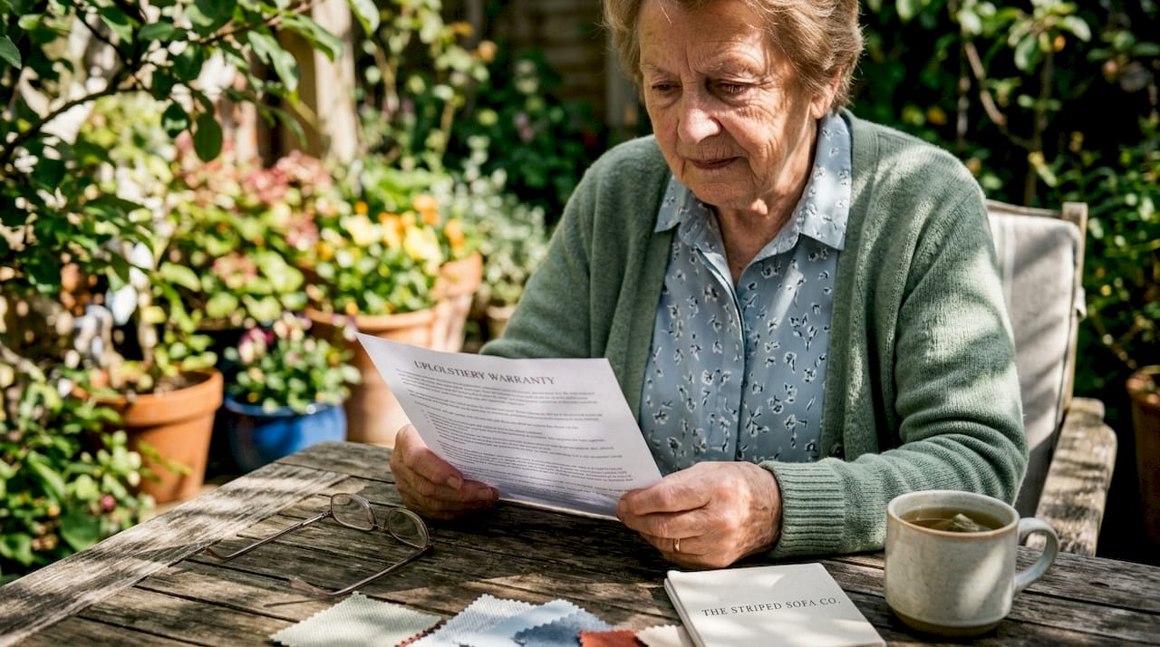 Elderly woman reading upholstery warranty on sofa