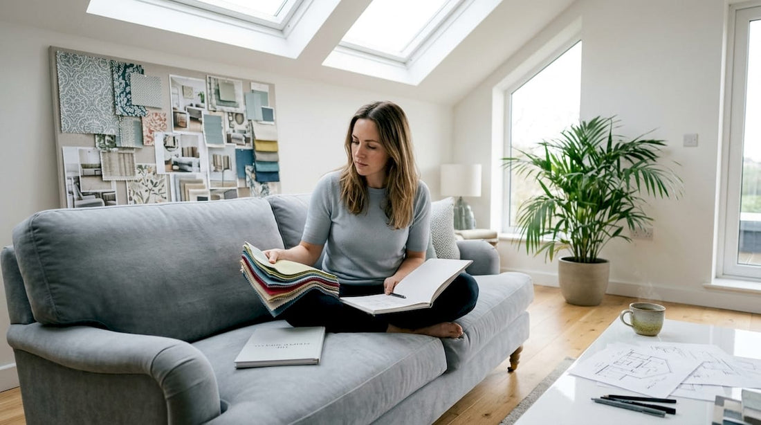 Interior designer evaluating sofa upholstery fabric