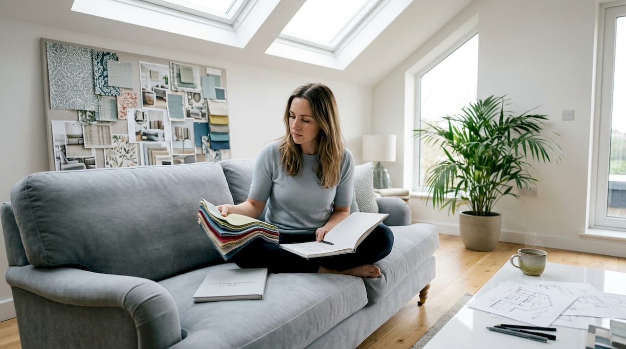 Interior designer evaluating sofa upholstery fabric