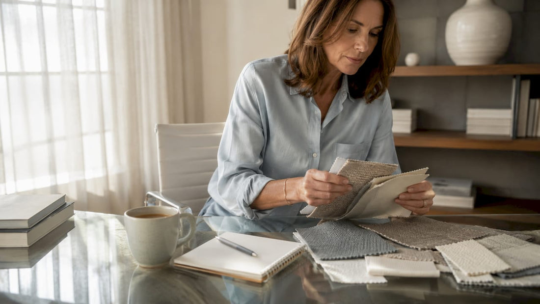 Woman comparing sofa upholstery fabric samples