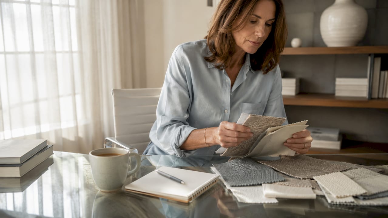 Woman comparing sofa upholstery fabric samples