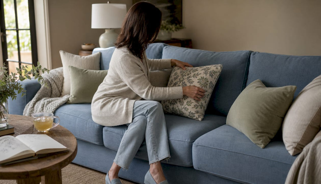Woman arranging pillows on blue sofa in living room