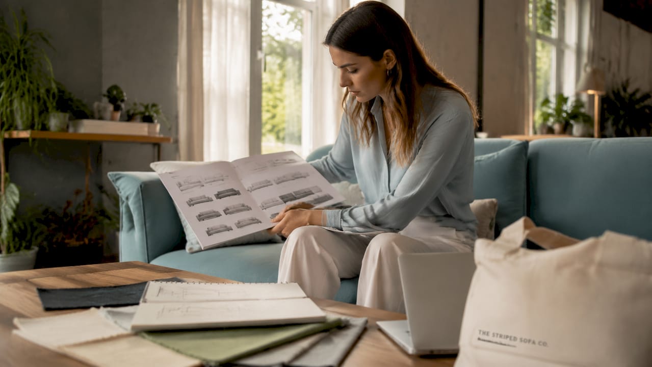 Designer reviewing sofa side profiles in living room