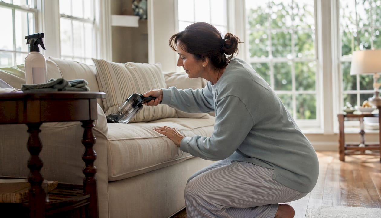 Woman vacuuming sofa cushions at home