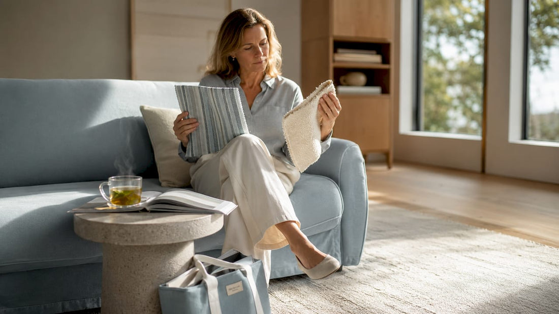 Woman comparing slipcover and upholstery fabrics on sofa
