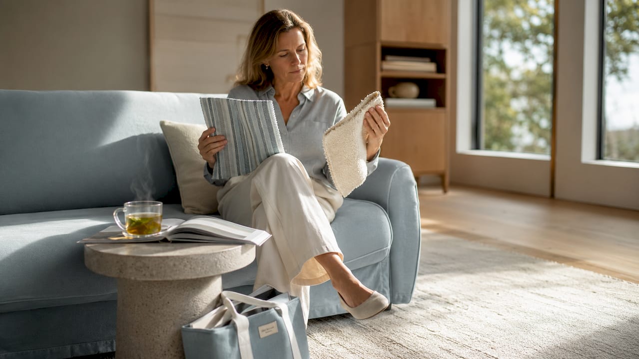 Woman comparing slipcover and upholstery fabrics on sofa