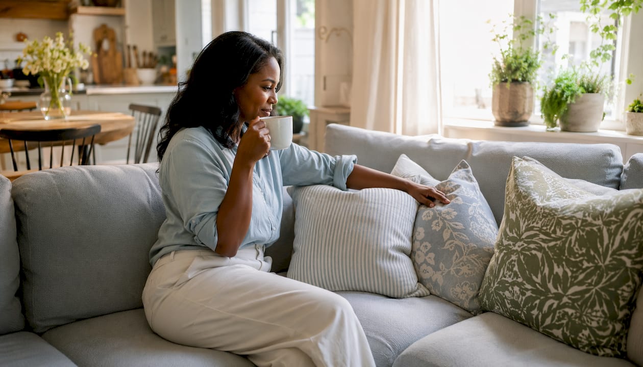 Woman arranging cushions on sectional sofa