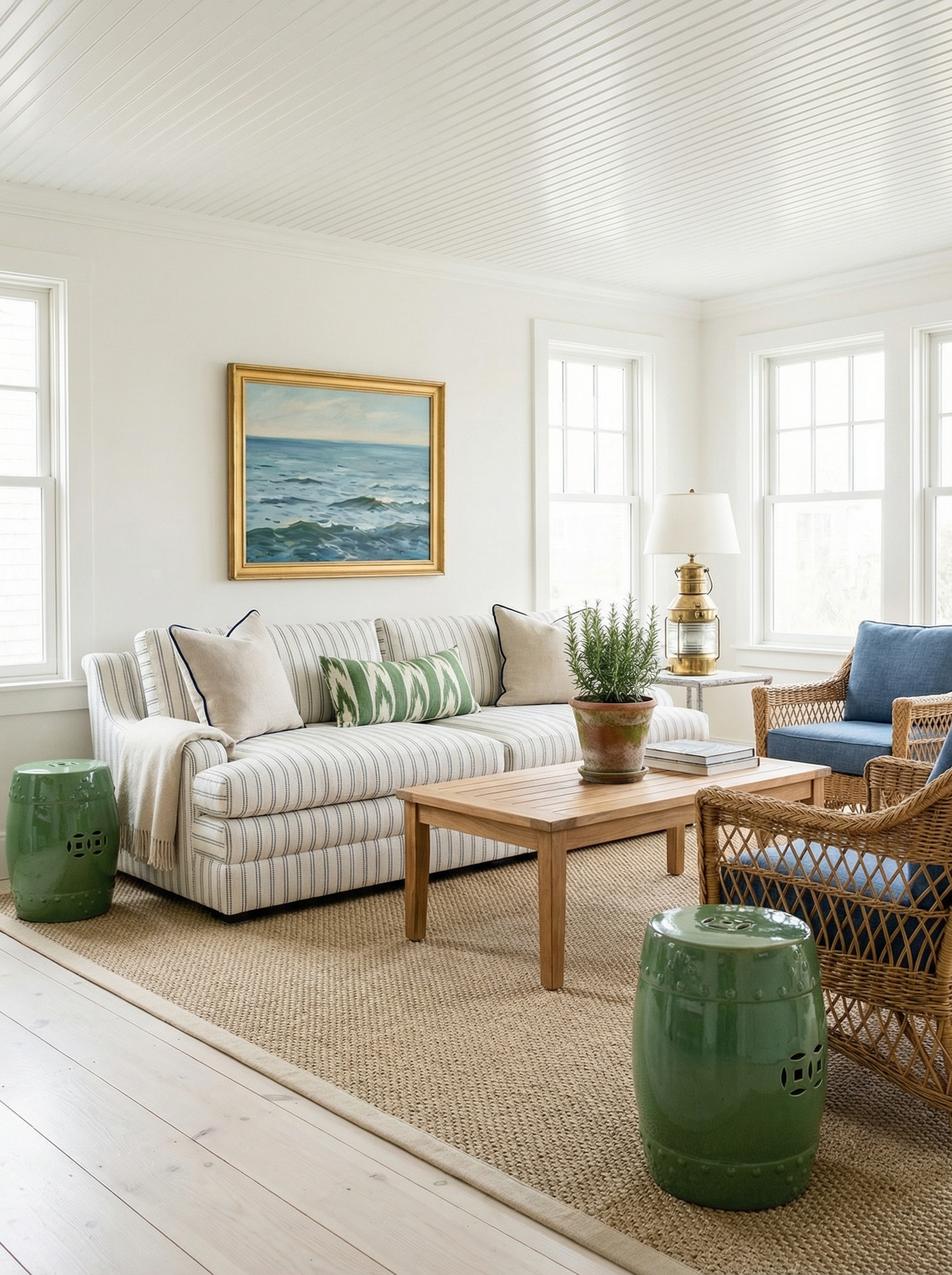 Nantucket Cottage Living Room Ideas: How a Striped Sofa Anchors the Perfect Island Retreat