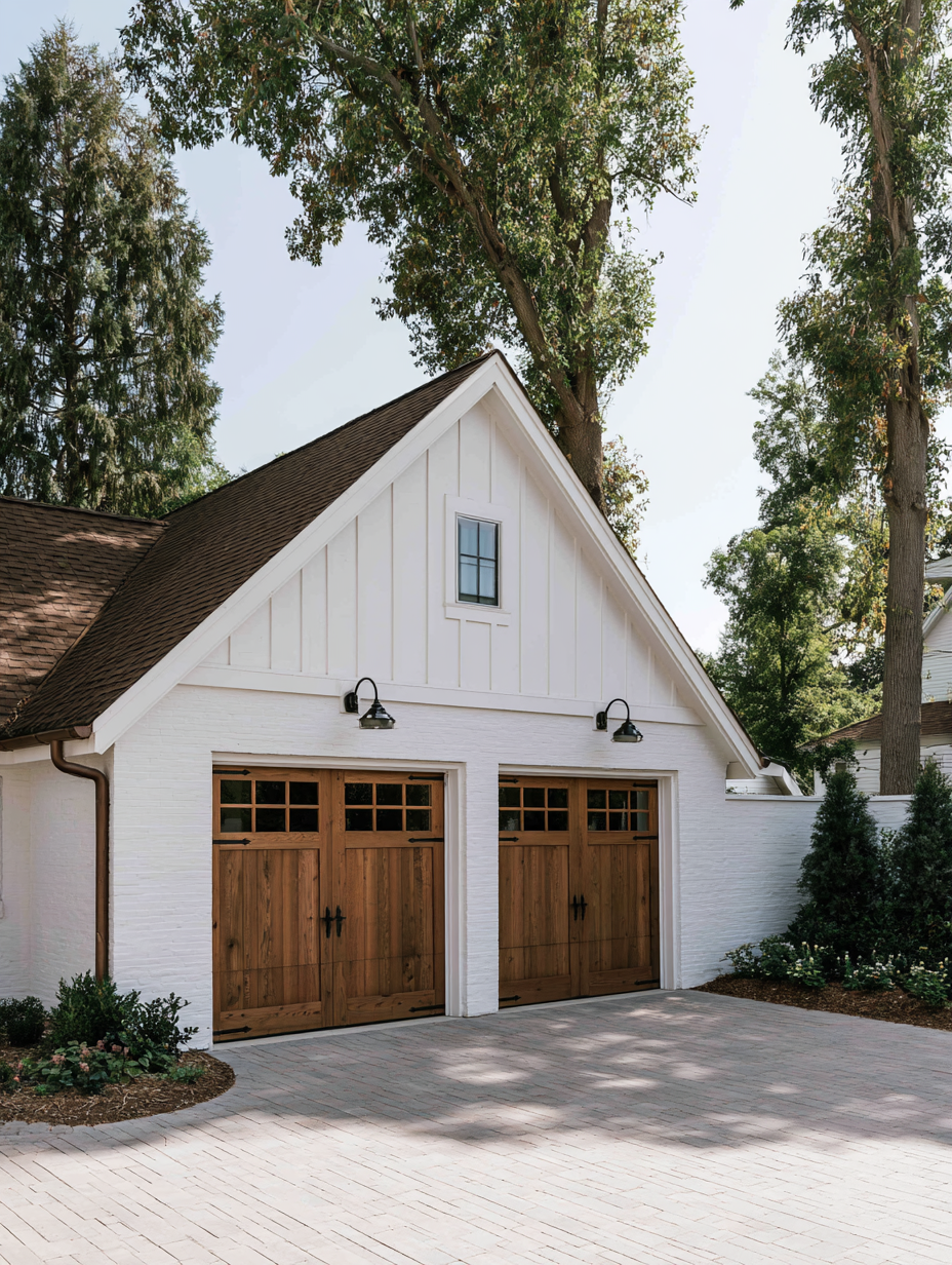 Classic garage with stained wood doors