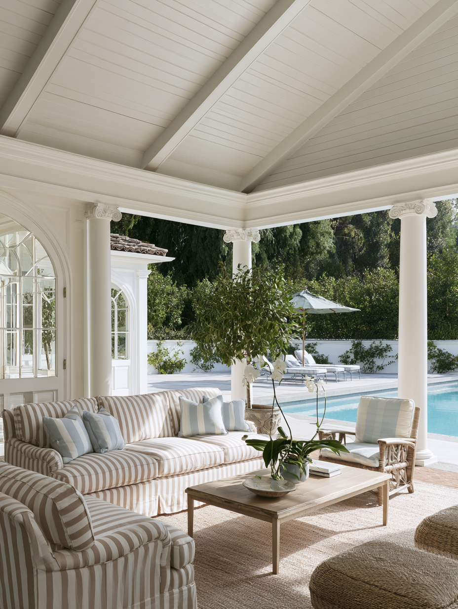 Striped sofa in a classic pool house beside a Pasadena pool