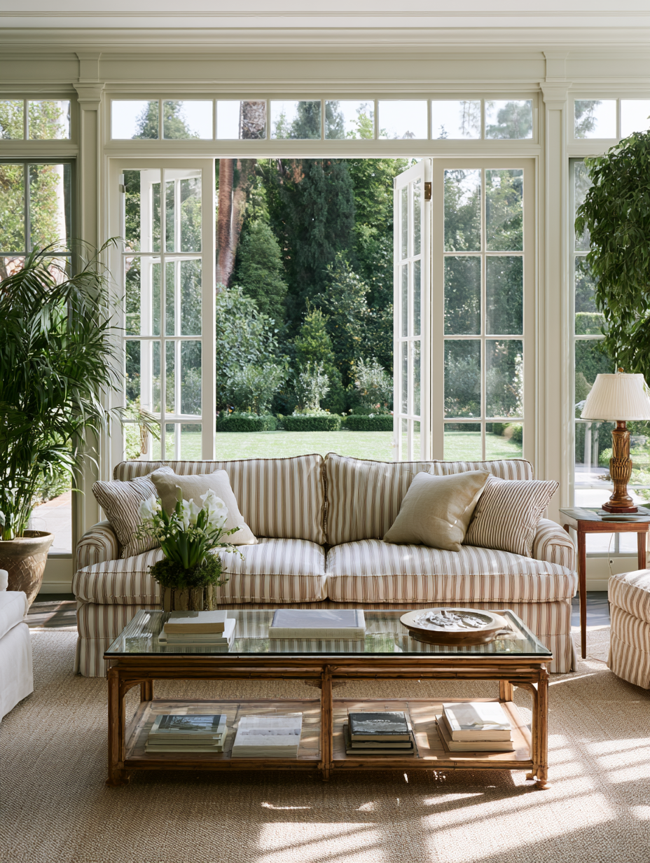 Sunroom with French doors opening to a green backyard lawn