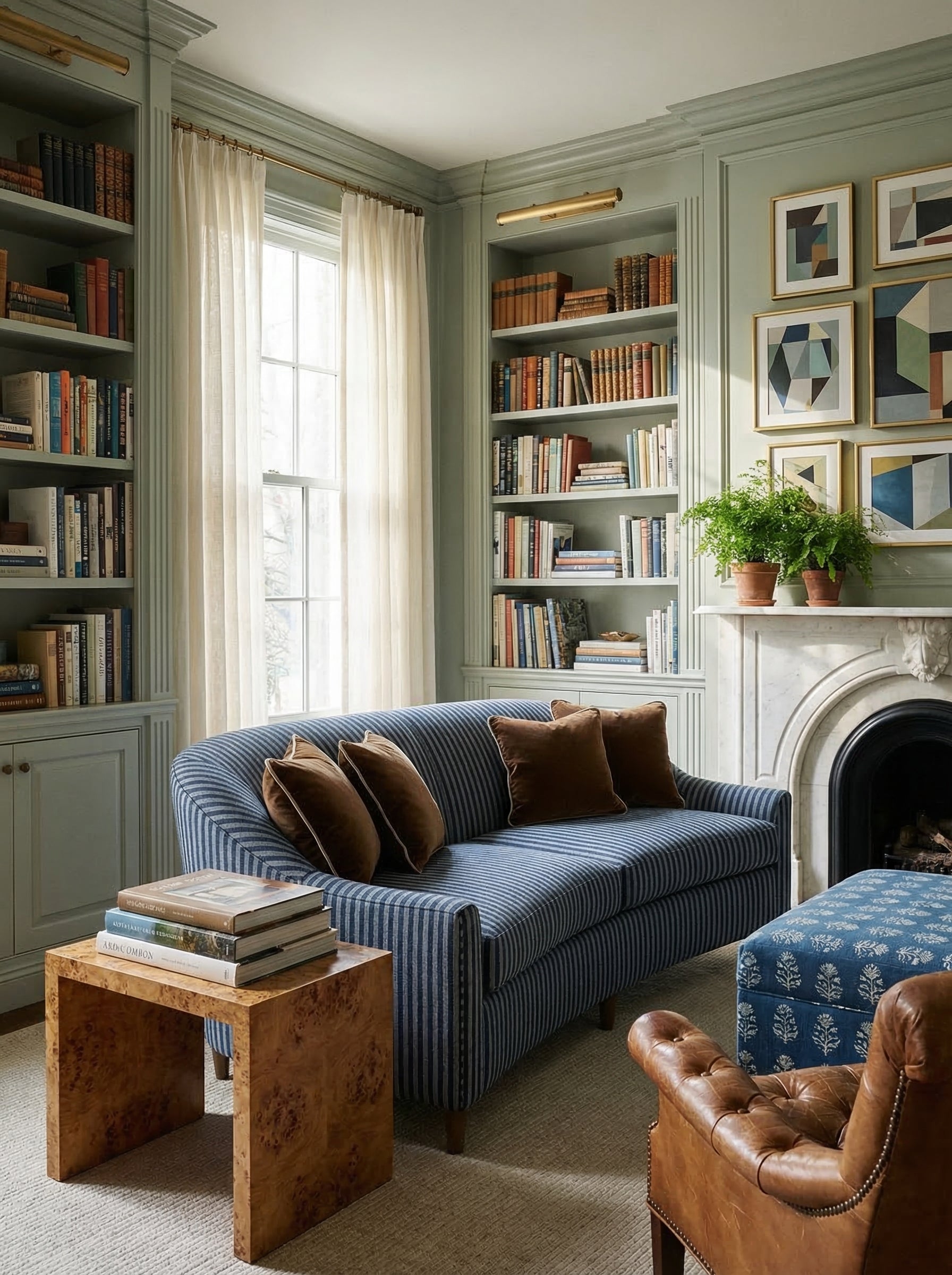 Striped sofa in a sage library with a fireplace