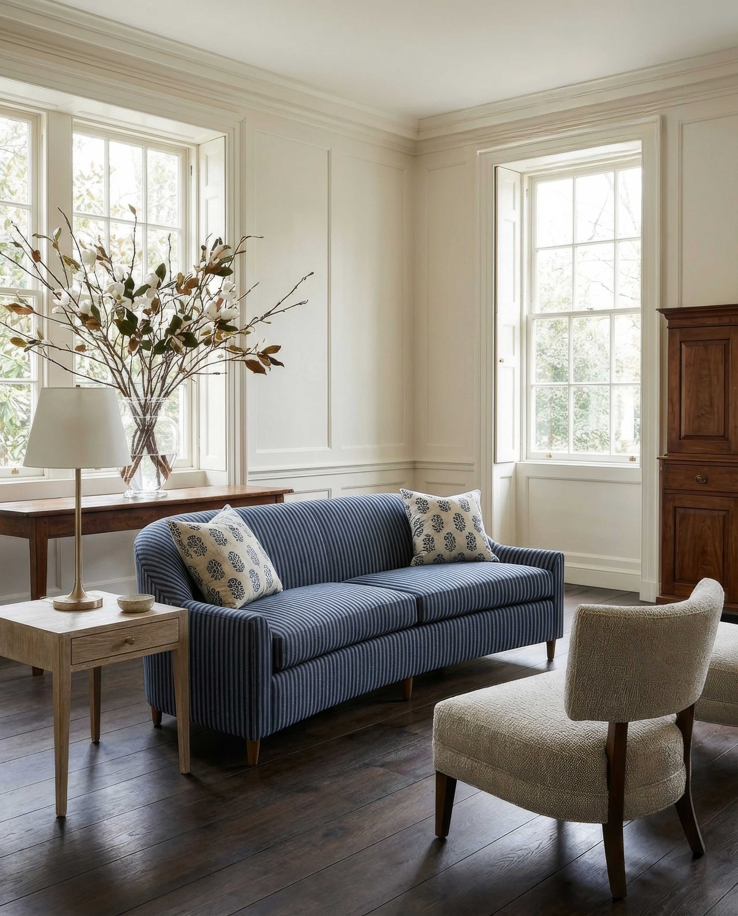 Living room with a blue striped sofa, beige armchair, and wooden coffee table.