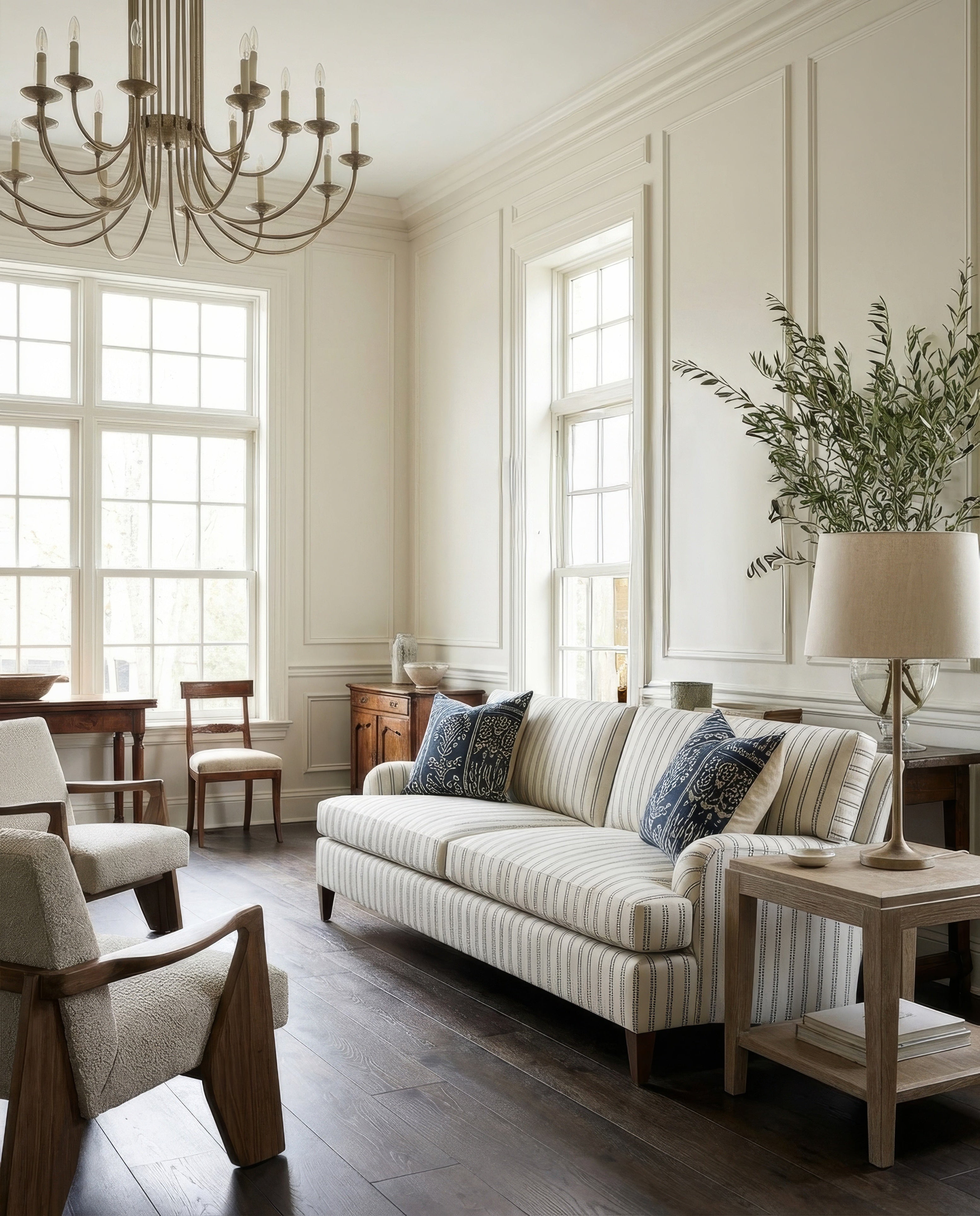 Living room with striped sofa, armchair, and chandelier