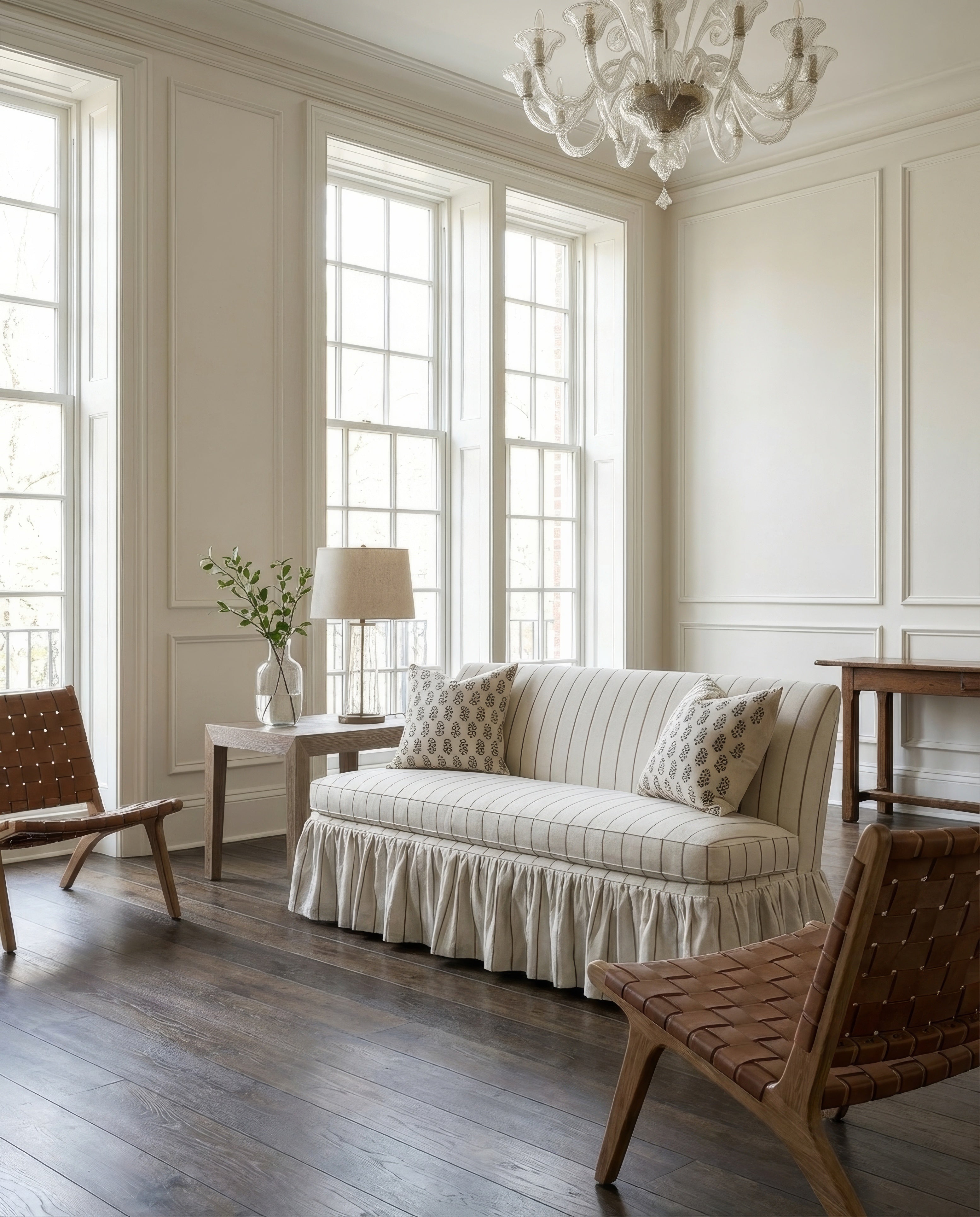 Living room with a striped sofa, wooden chairs, and a chandelier.