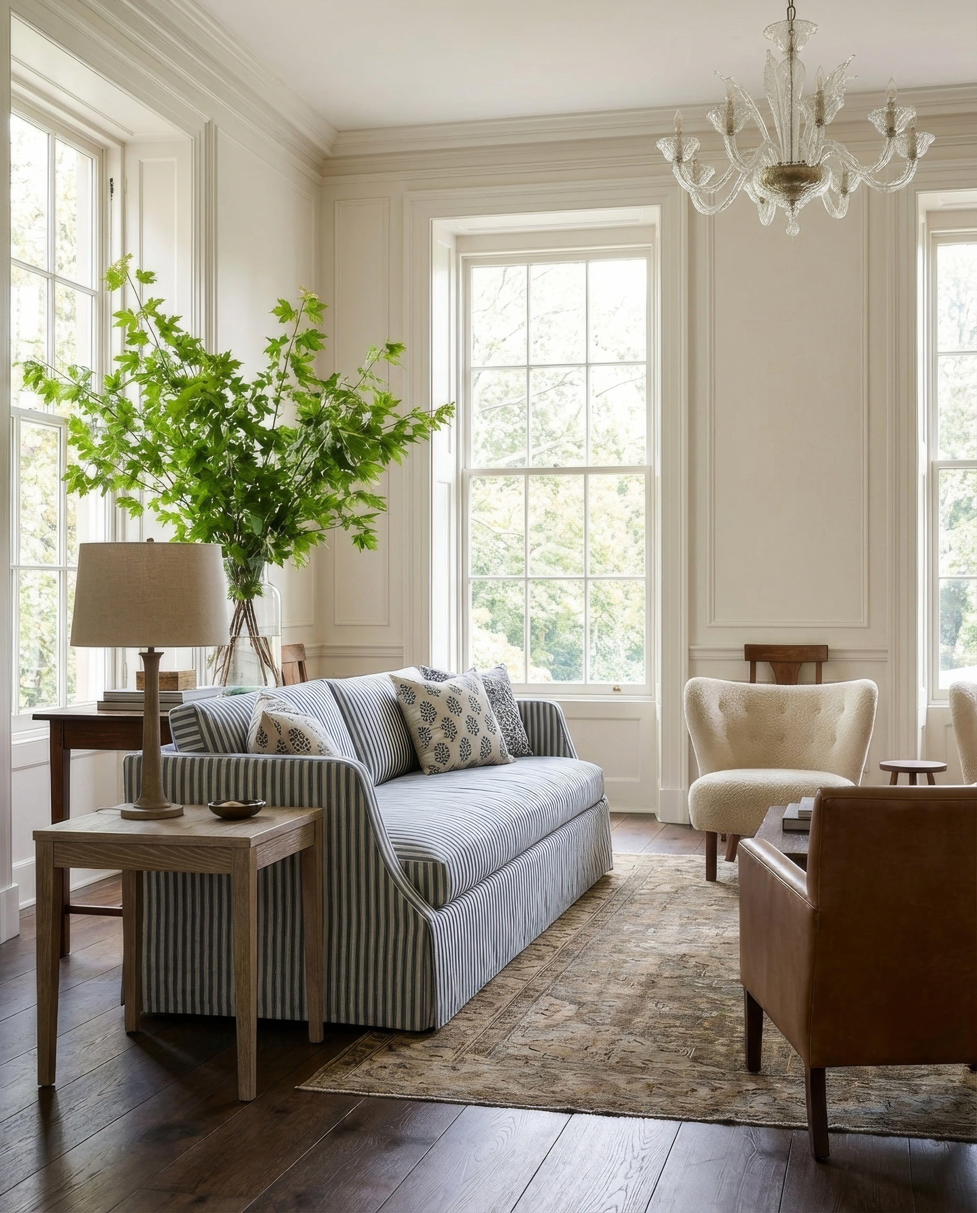 Living room with a striped sofa, armchair, and side table with a lamp.