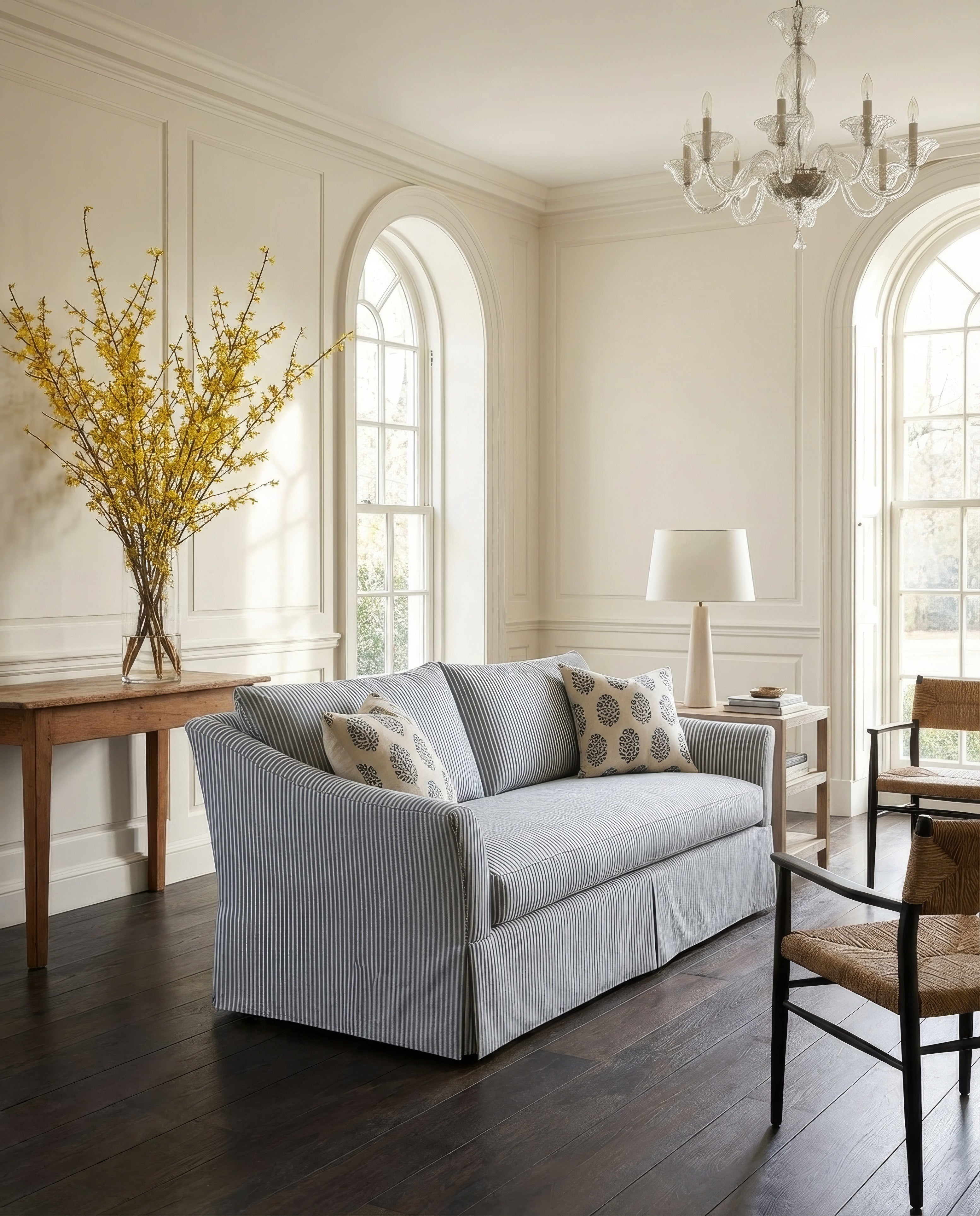 Living room with a striped sofa, wooden table, and decorative elements.