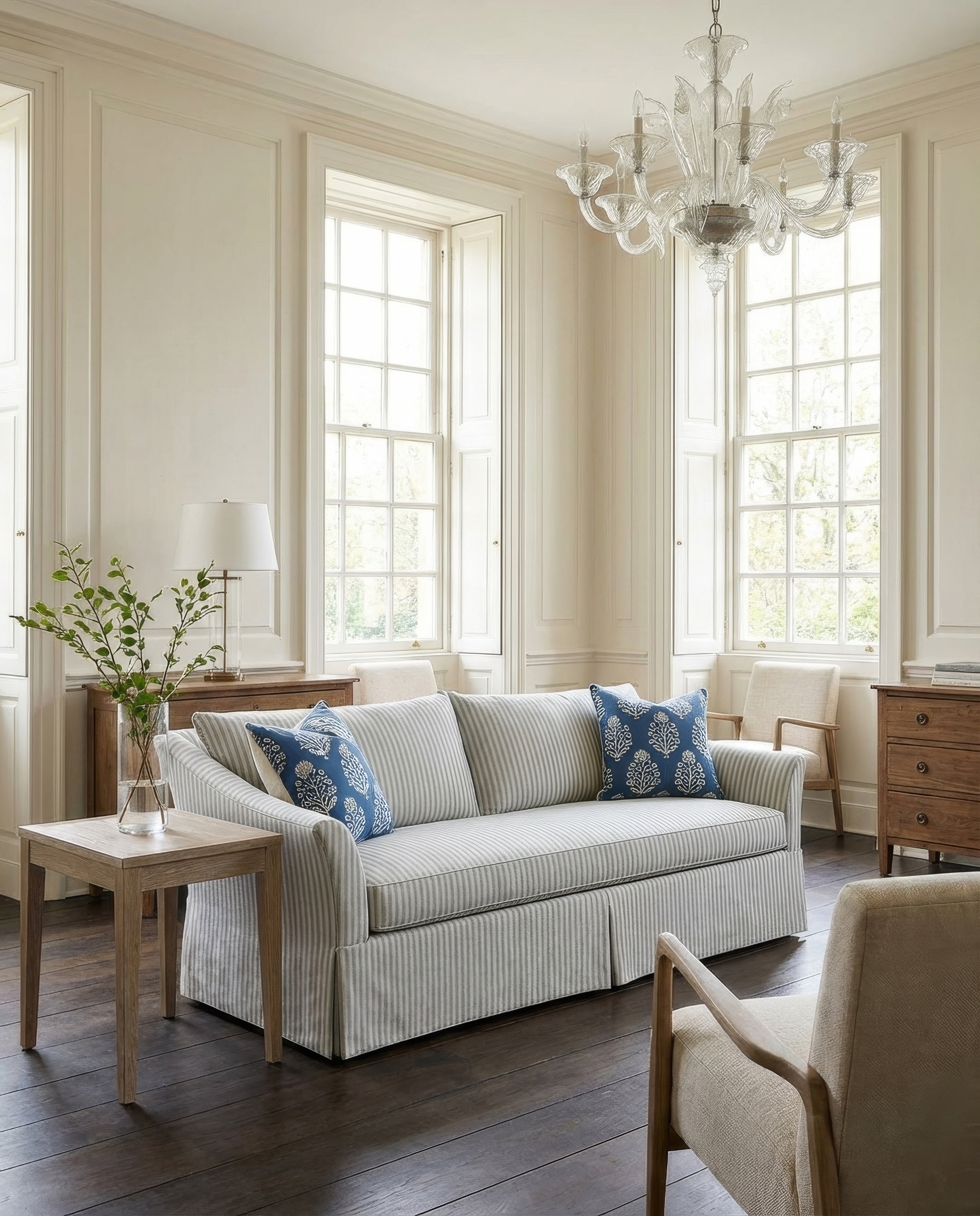 Living room with a striped sofa, blue pillows, and wooden furniture.