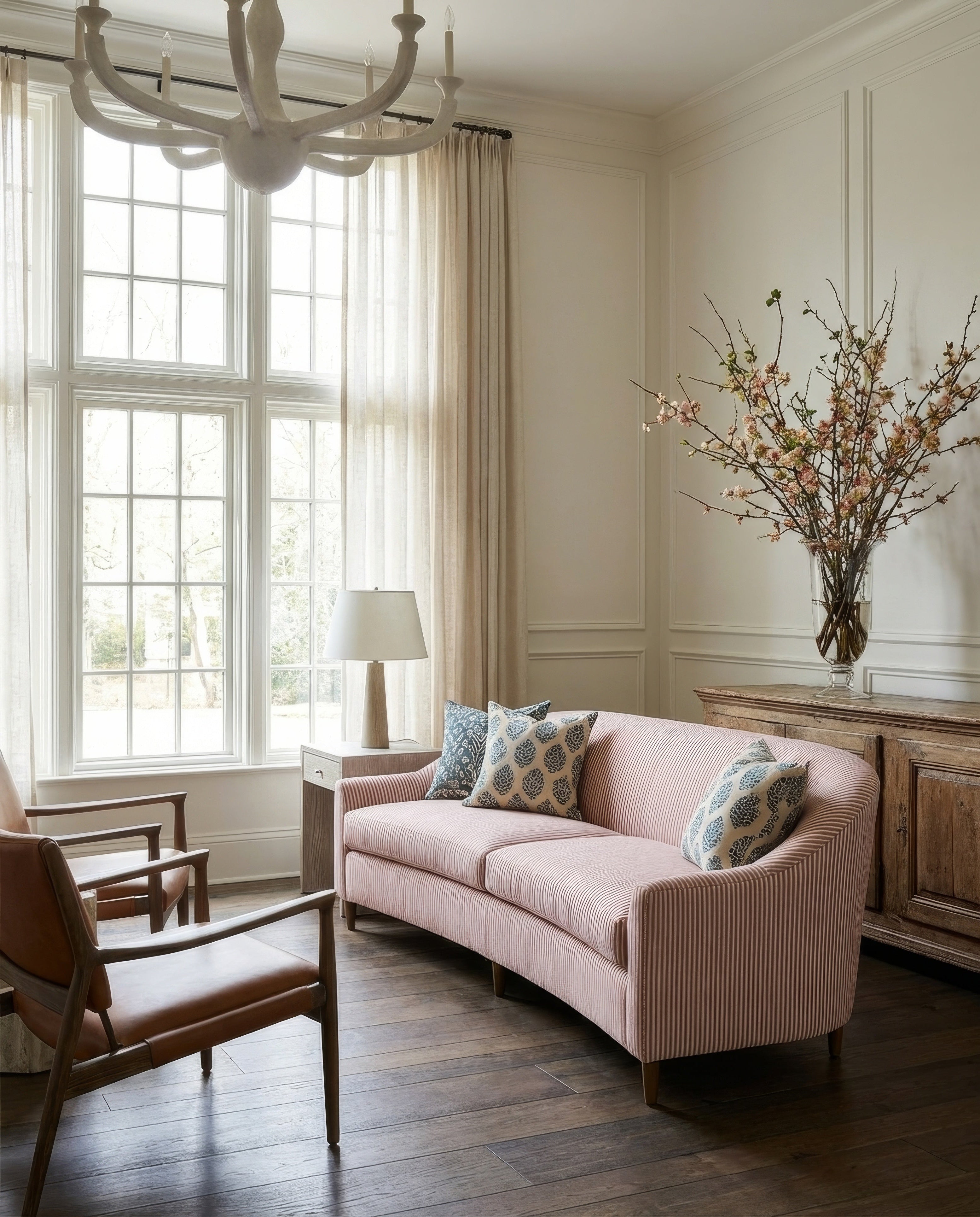 Living room with a red striped sofa, wooden armchair, and large window.