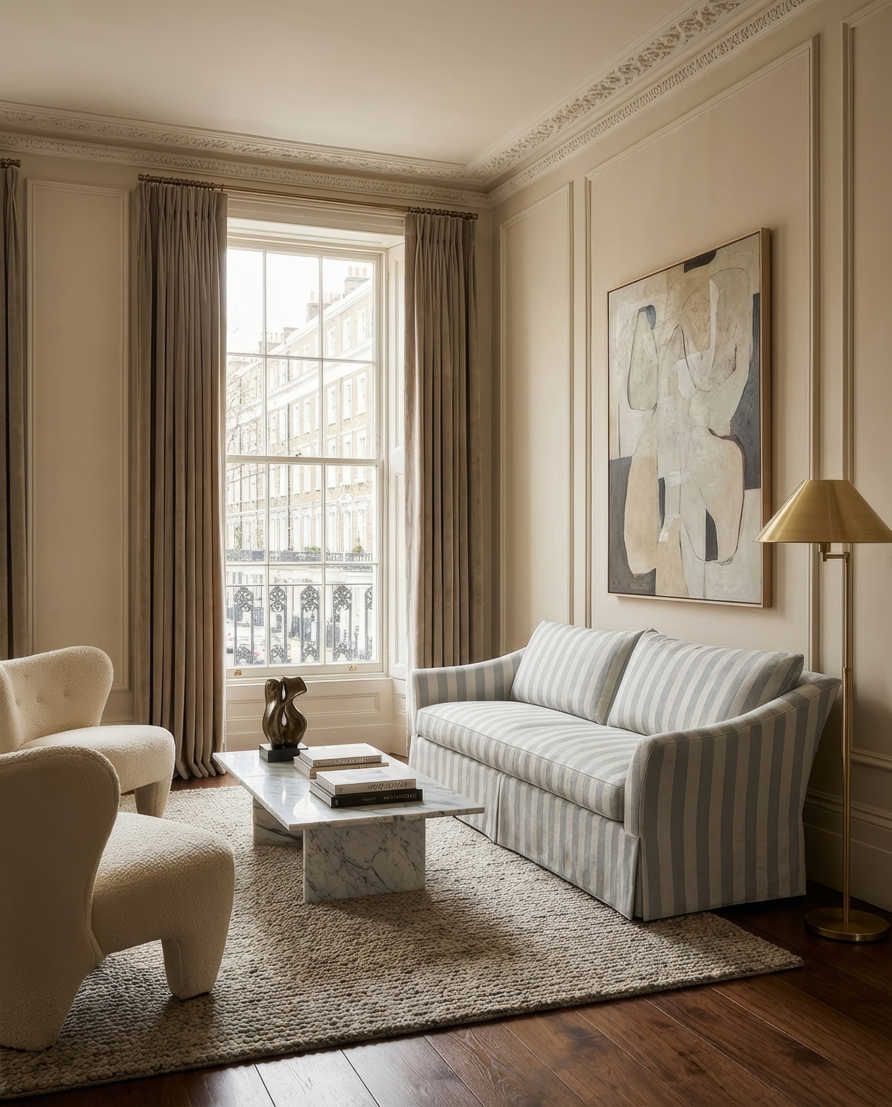 Living room with striped sofa, armchair, and abstract art on wall.